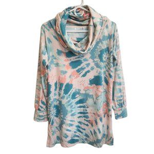 NWT Retrology Aqua & Coral Tie Dye Cowl Neck Soft Long Sleeved Tunic Siz…